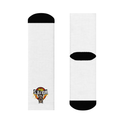 White Crew Socks with Small Sports Logo — Retro Team Emblem Sock