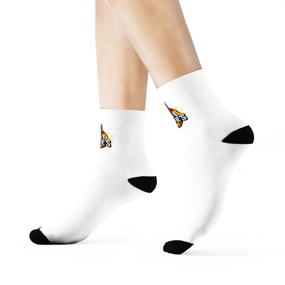 White Crew Socks with Small Sports Logo — Retro Team Emblem Sock