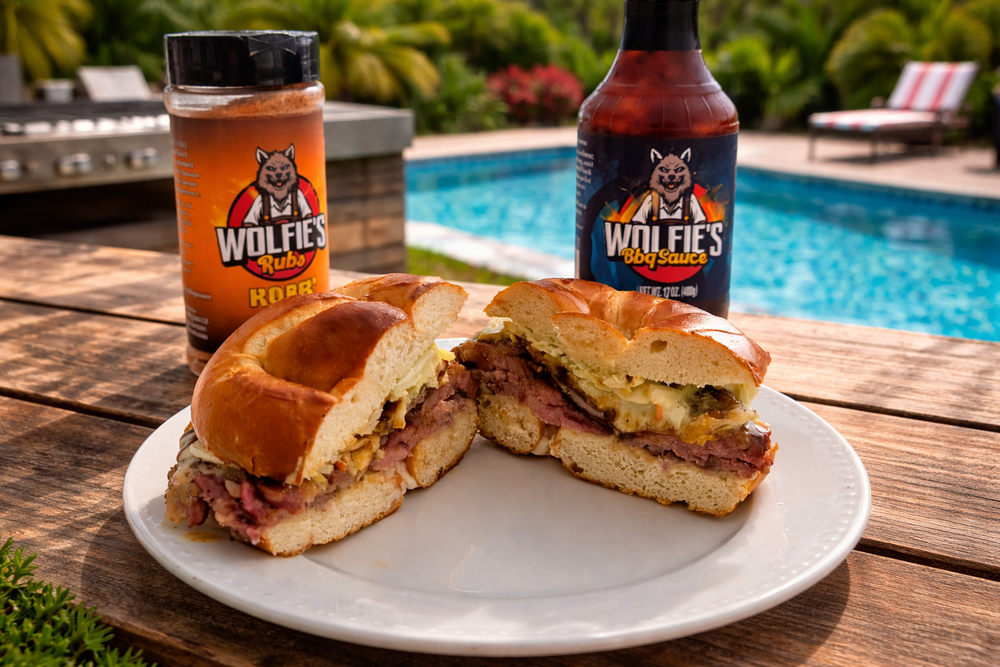 BBQ Tri Tip, Candied Bacon, Peruvian Green Sauce Coleslaw on a Pretzel bun